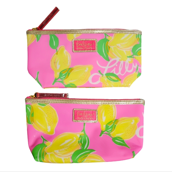 Lilly Pulitzer Handbags - Lilly Pulitzer Estee Lauder PVC Pink Lemons Makeup Bag Lot Of 2 Clean 9.5x5x2